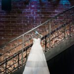 White, Strapless Alfred Angelo Striped Wedding Dress with Customized Hanger