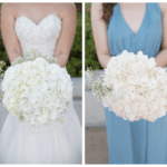 Bride and Bridesmaid in Dusty Blue Dress with White and Blush Wedding Bouquet Detail| Photo by Tampa Bay Wedding Photographer Kristen Marie Photography