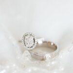 Oval Shaped Wedding Engagement Ring and Band Detail on Veil Portrait