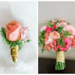 Bright Coral and Pink Bridal Wedding Bouquet with Daisies Hydrangeas and Roses and Peach Rose Boutonniere Wrapped with Gold Accent Ribbon