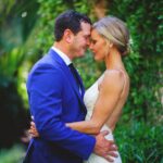 Bride Open Back Wedding Dress and Groom in Blue Suit Wedding Portrait