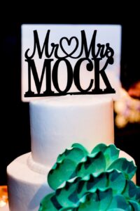 Simple White Three Tiered Round Wedding Cake with Teal Sugar Flower and Mr. Mrs Last Name Custom Cake Topper