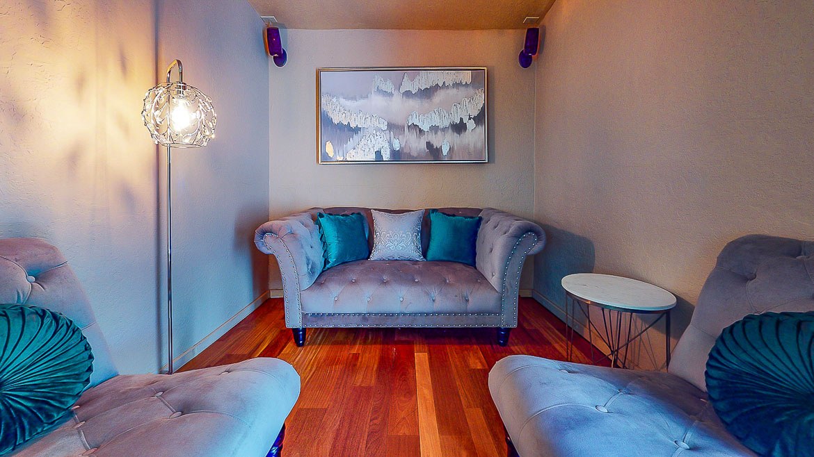 Historic Downtown St. Pete, Florida wedding venue NOVA 535 unique event space, upstairs Supernova bridal get-ready suite, makeup station and restroom with shower