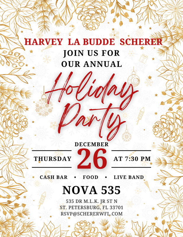 flyer for 2024 12-26 Harvey's 46 Annual Holiday Party at St Pete Venue NOVA 535