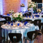 Carolina Baby Blue Wedding Linen Decor and White and Peach Floral Centerpiece with Cobalt Blue Vintage Dishes | Best Downtown St. Pete Wedding Venue NOVA 535